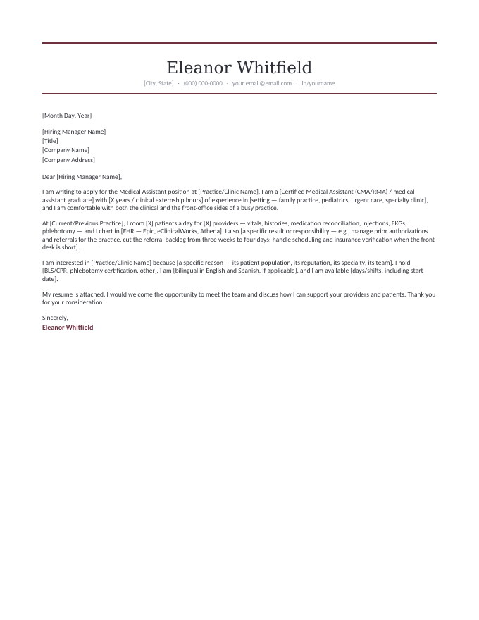 Medical Assistant — Formal Wine cover letter template — the formal ruled letterhead in wine with the medical assistant letter