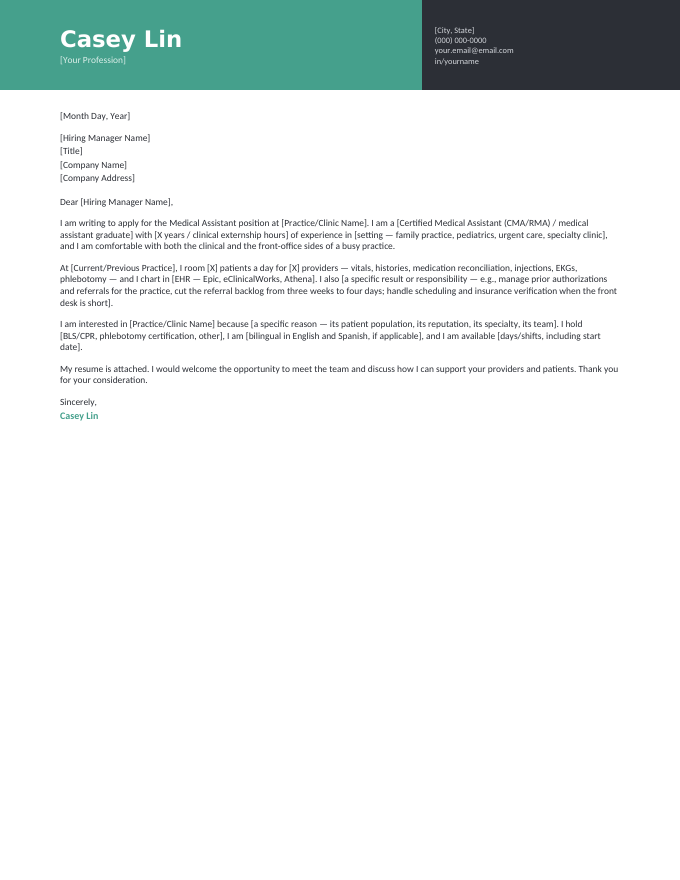 Medical Assistant — Twotone Mint cover letter template — a two-tone split header in mint with the medical assistant letter