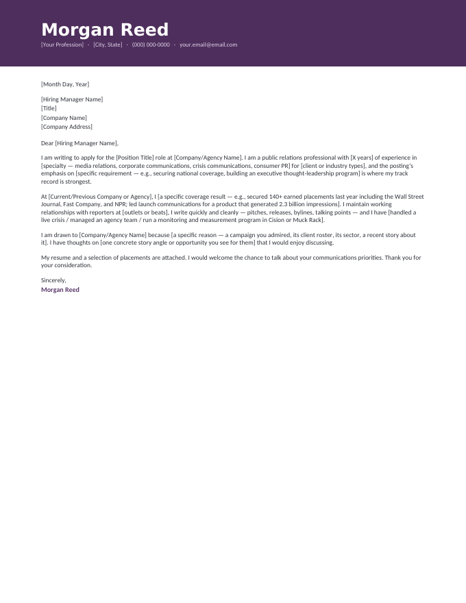 Public Relations — Banner Orchid cover letter template — a full-width color name banner in orchid with the public relations letter