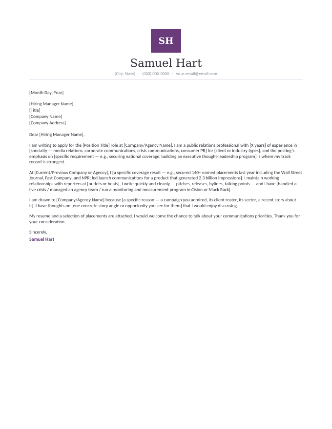 Public Relations — Monogram Plum cover letter template — the initials-emblem letterhead in plum with the public relations letter
