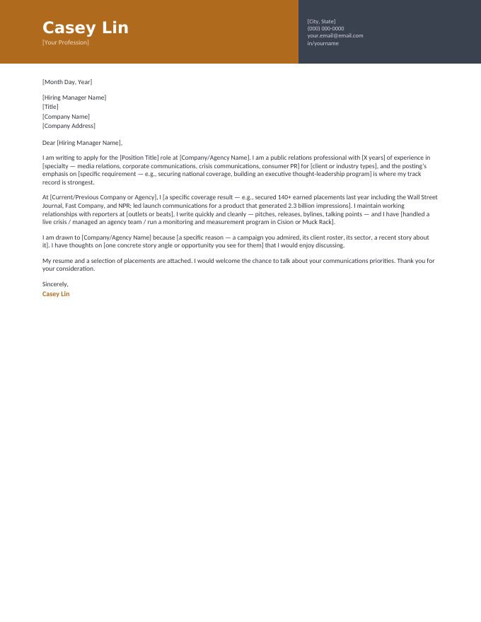 Public Relations — Twotone Amberslate cover letter template — a two-tone split header in amberslate with the public relations letter