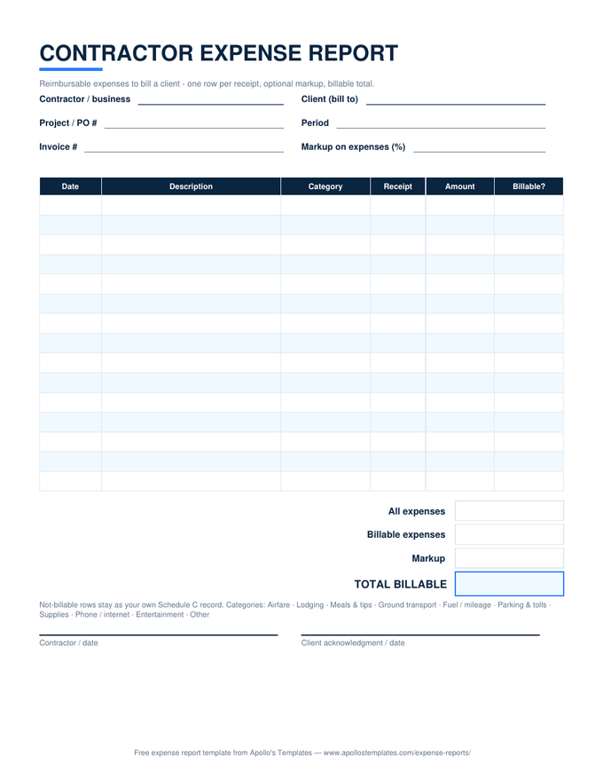 Contractor expense report with receipt and billable columns, a markup percent, and the total billable to the client