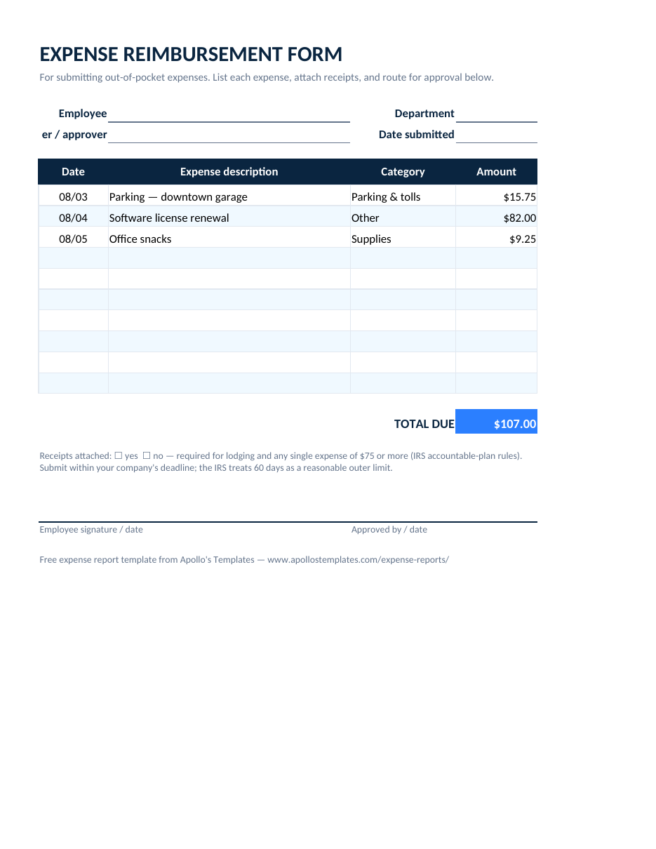 Filled-in expense reimbursement form example with itemized out-of-pocket purchases and a 107.00 total
