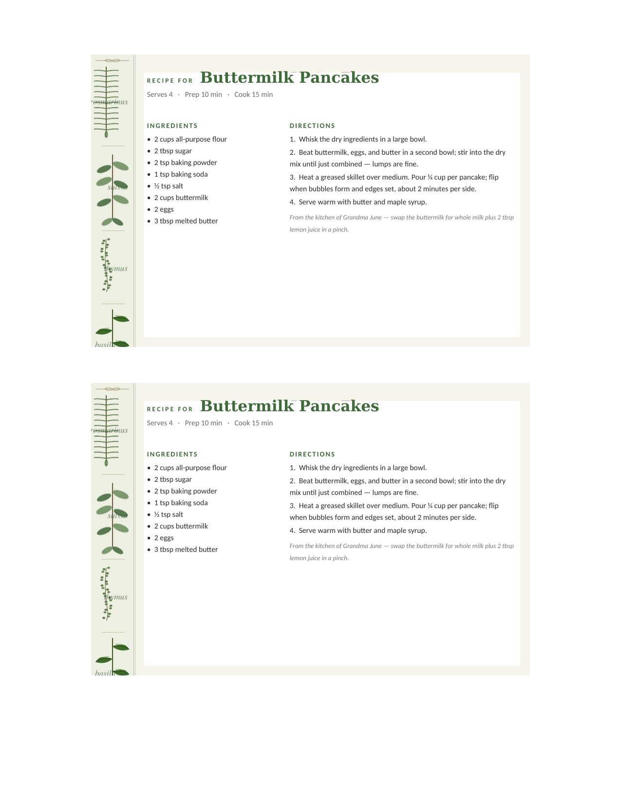 Botanical Herbs editable recipe card template for Word and Google Docs — two 4×6 cards per letter sheet, sage and rosemary sprigs along the left margin, with a sample buttermilk pancake recipe typed in