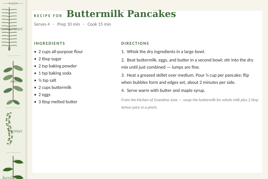 Botanical Herbs editable recipe card template for Word and Google Docs — 4×6 card, sage and rosemary sprigs along the left margin, with a sample buttermilk pancake recipe typed in