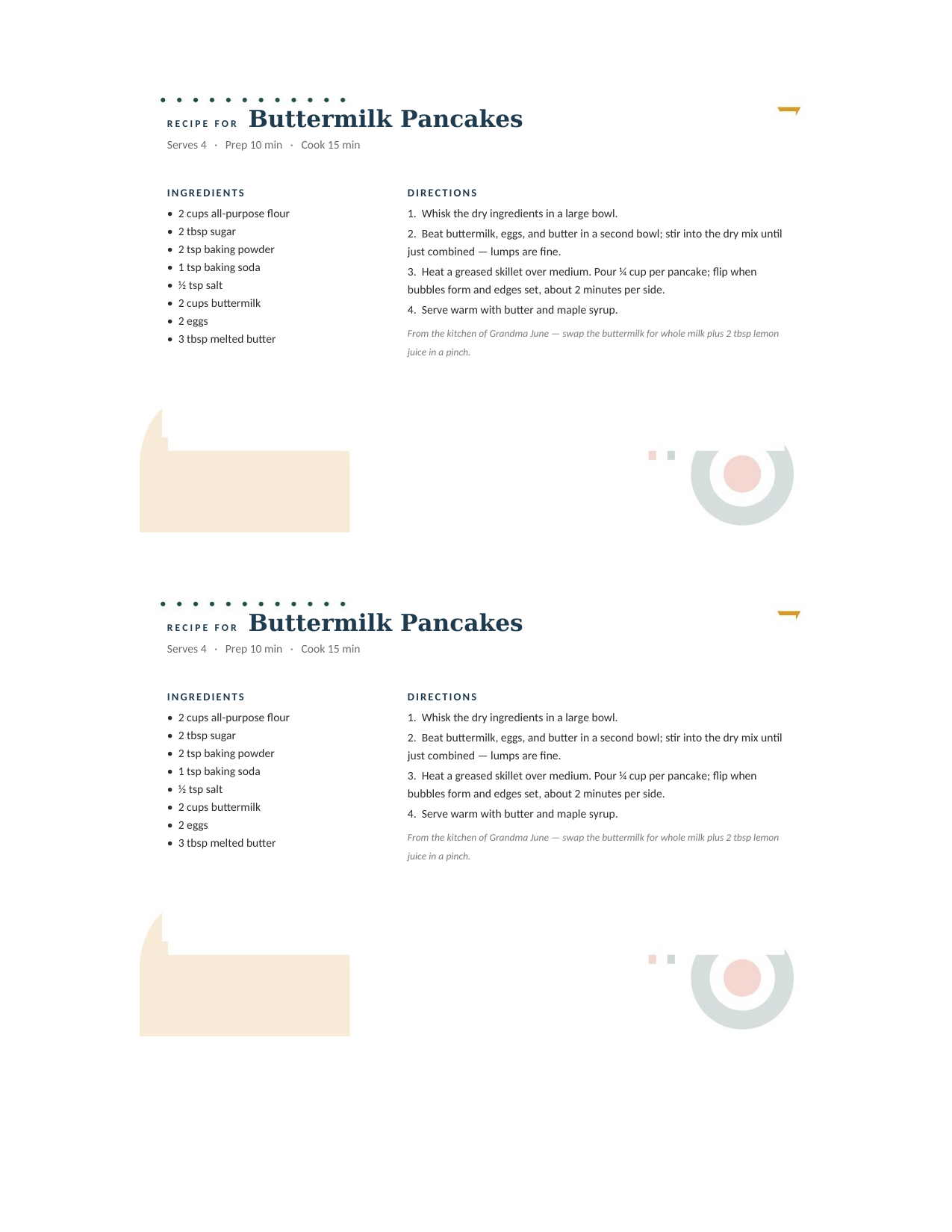Mid-Century Modern editable recipe card template for Word and Google Docs — two 4×6 cards per letter sheet, a mustard arch and teal bullseye on warm cream, with a sample buttermilk pancake recipe typed in