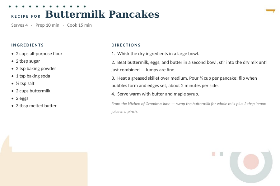 Mid-Century Modern editable recipe card template for Word and Google Docs — 4×6 card, a mustard arch and teal bullseye on warm cream, with a sample buttermilk pancake recipe typed in