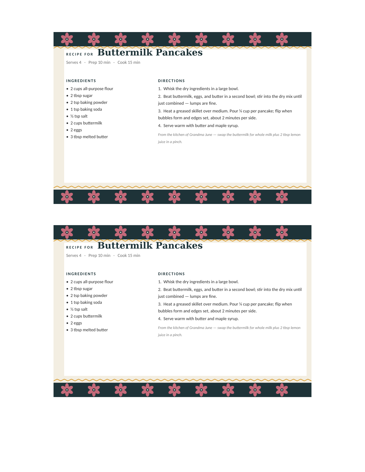 Scandinavian Folk editable recipe card template for Word and Google Docs — two 4×6 cards per letter sheet, dark teal bands of folk-art flowers with gold zigzags, with a sample buttermilk pancake recipe typed in
