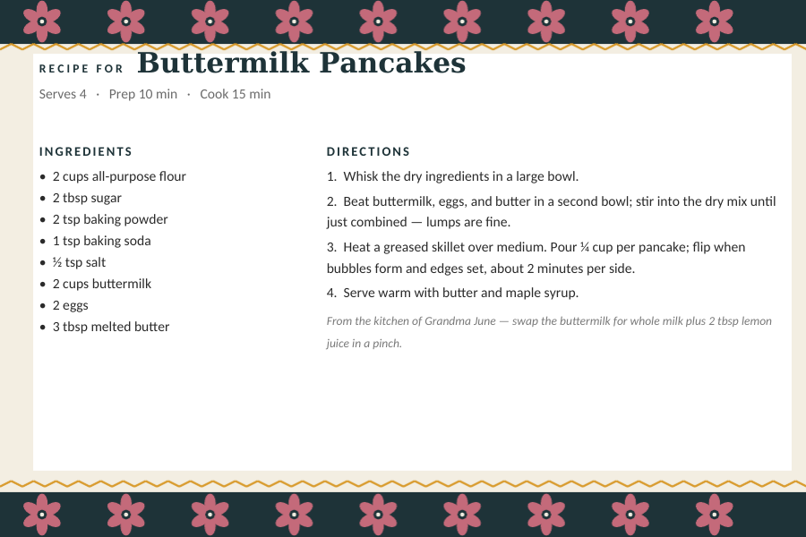 Scandinavian Folk editable recipe card template for Word and Google Docs — 4×6 card, dark teal bands of folk-art flowers with gold zigzags, with a sample buttermilk pancake recipe typed in