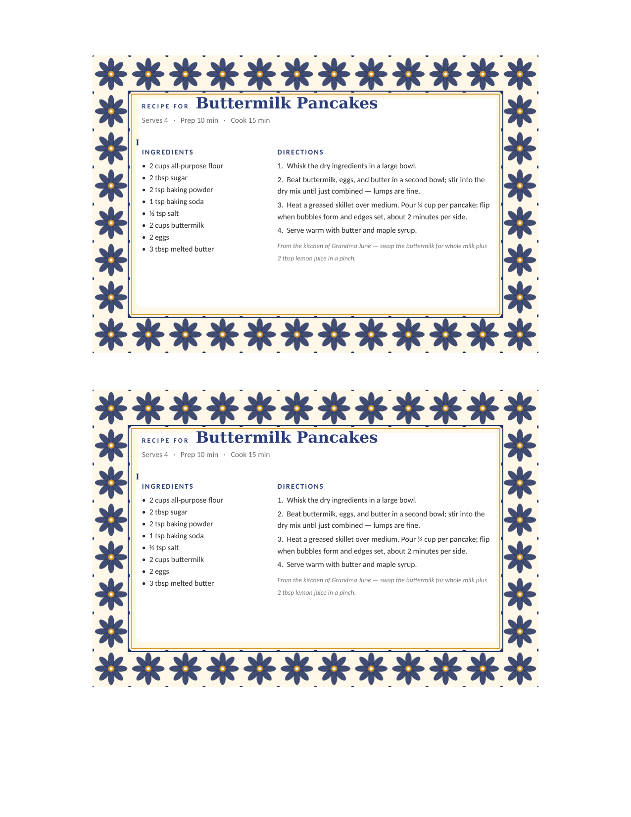 Mexican Talavera editable recipe card template for Word and Google Docs — two 4×6 cards per letter sheet, a cobalt-blue eight-petal tile border, with a sample buttermilk pancake recipe typed in