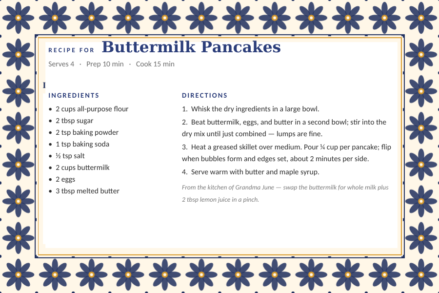 Mexican Talavera editable recipe card template for Word and Google Docs — 4×6 card, a cobalt-blue eight-petal tile border, with a sample buttermilk pancake recipe typed in