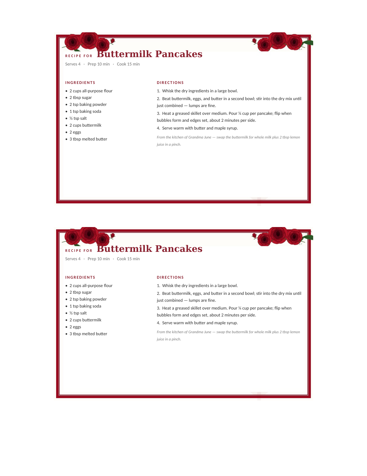Vintage Roses editable recipe card template for Word and Google Docs — two 4×6 cards per letter sheet, a deep-red double border with crimson rose clusters in the corners, with a sample buttermilk pancake recipe typed in