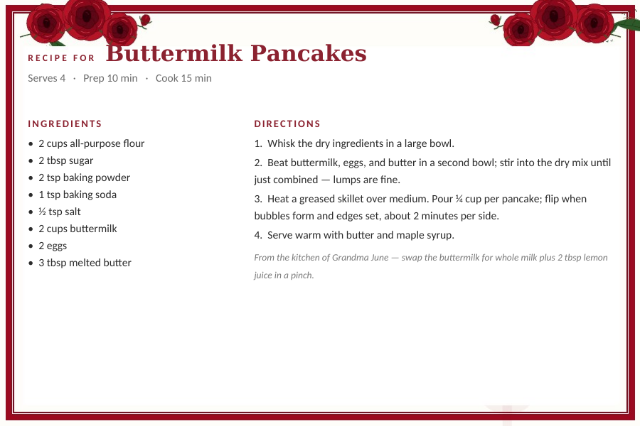 Vintage Roses editable recipe card template for Word and Google Docs — 4×6 card, a deep-red double border with crimson rose clusters in the corners, with a sample buttermilk pancake recipe typed in