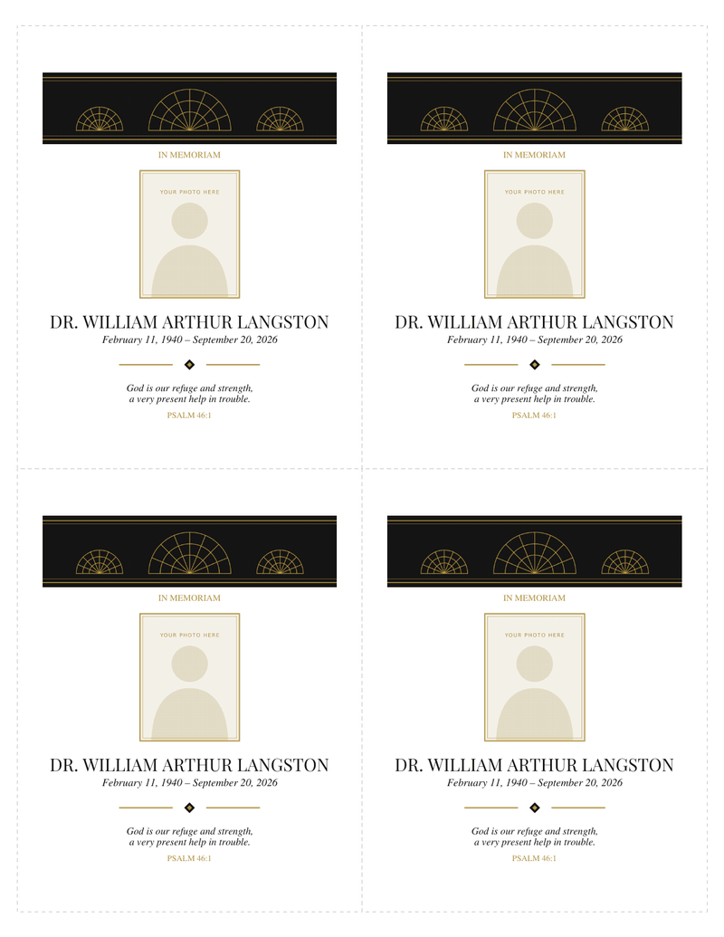 Sheet of four memorial cards with cut lines, each with a black band of gold deco fans above a photo frame, a name, dates and a short verse