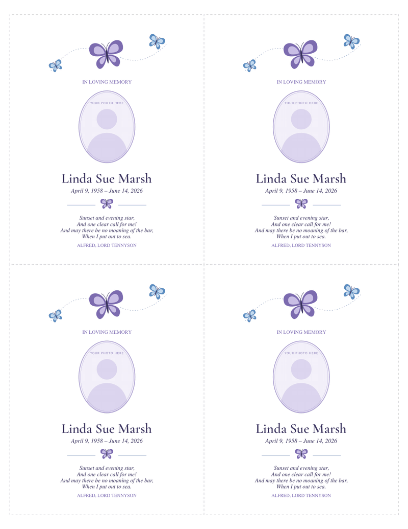 Sheet of four memorial cards with cut lines, each with purple and blue butterflies above a photo frame, a name, dates and a short verse