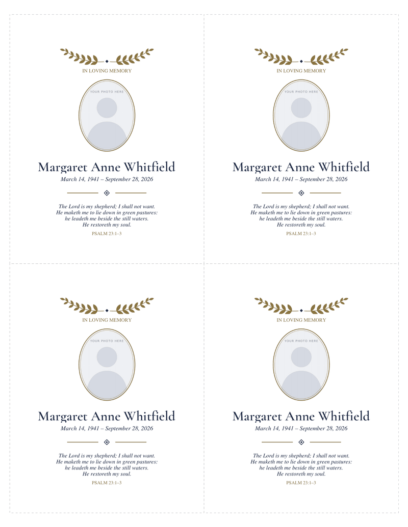 Sheet of four memorial cards with cut lines, each with a gold laurel sprig above a photo frame, a name, dates and a short verse