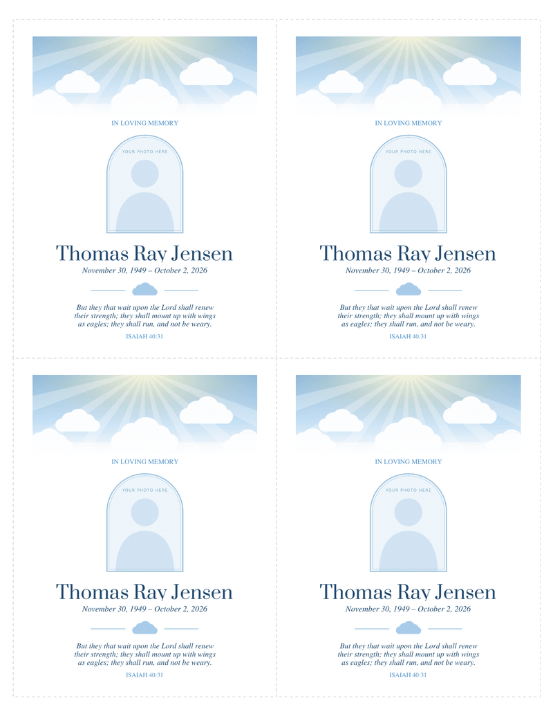 Sheet of four memorial cards with cut lines, each with a blue sky with sun rays and clouds above a photo frame, a name, dates and a short verse
