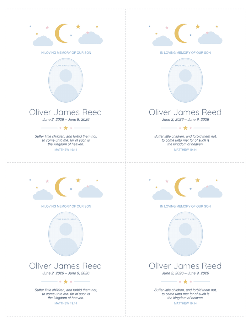 Sheet of four memorial cards with cut lines, each with a crescent moon and pastel stars above a photo frame, a name, dates and a short verse