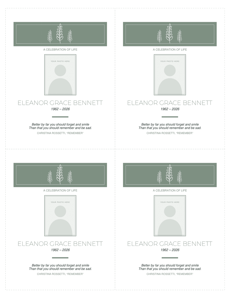 Sheet of four memorial cards with cut lines, each with a sage green band of line-drawn stems above a photo frame, a name, dates and a short verse