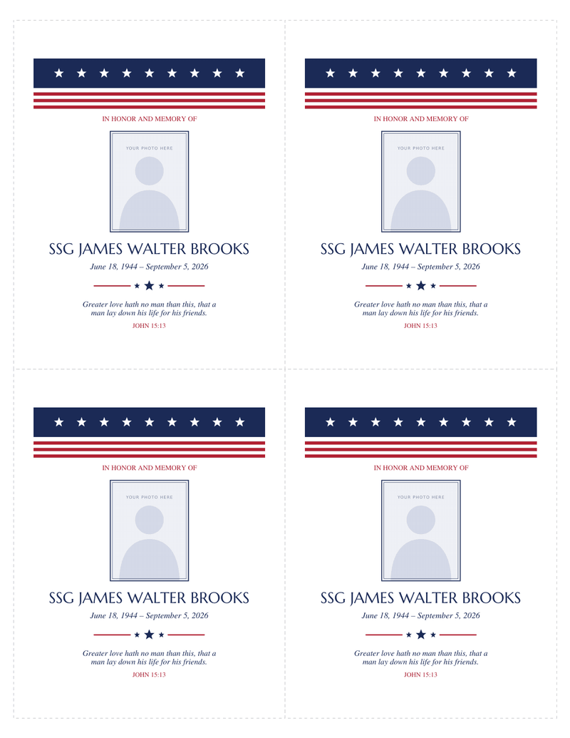 Sheet of four memorial cards with cut lines, each with a band of stars and stripes above a photo frame, a name, dates and a short verse