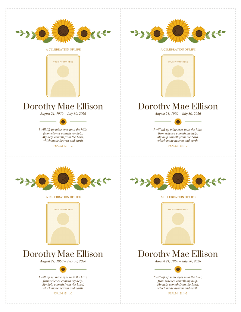 Sheet of four memorial cards with cut lines, each with three sunflowers above a photo frame, a name, dates and a short verse