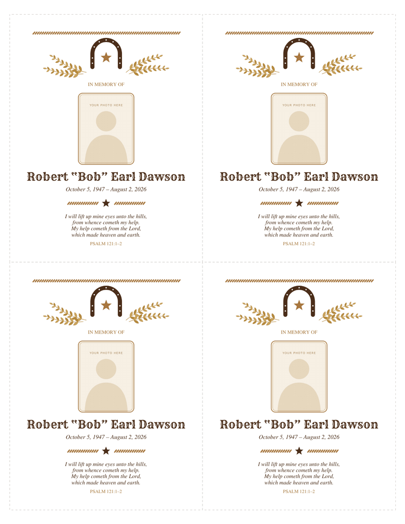 Sheet of four memorial cards with cut lines, each with a horseshoe between wheat stalks above a photo frame, a name, dates and a short verse