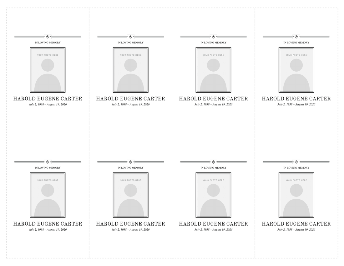 Sheet of eight funeral prayer card fronts with cut lines, each with black double rules and a diamond ornament, a small photo frame, a name and dates
