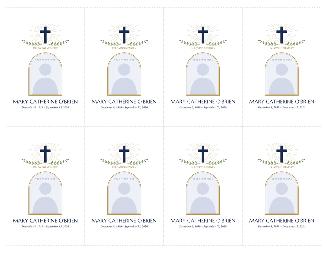 Sheet of eight funeral prayer card fronts with cut lines, each with a navy cross with gold rays, a small photo frame, a name and dates