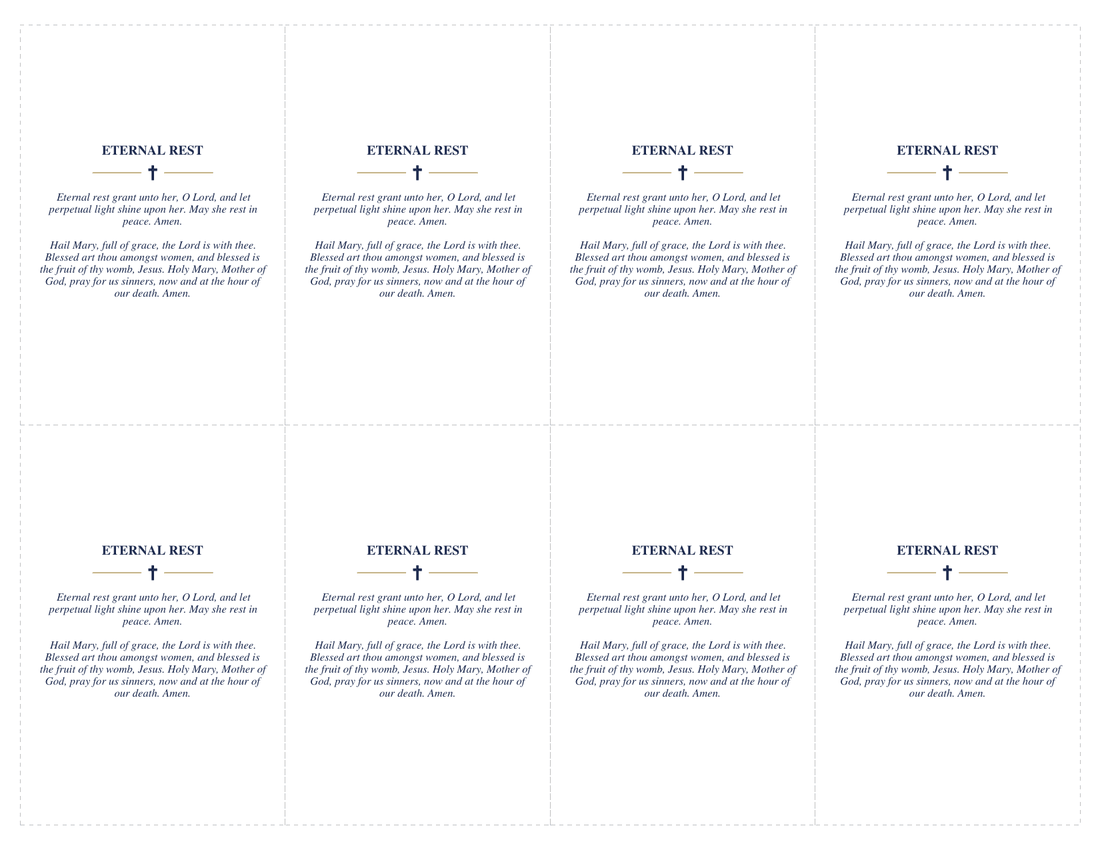 Sheet of eight Catholic prayer card backs, each headed Eternal Rest above a small cross, with the Eternal Rest prayer followed by the Hail Mary