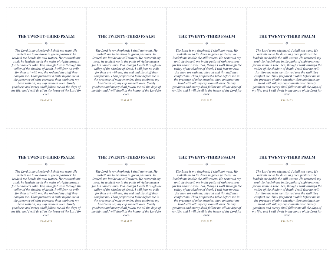 Sheet of eight prayer card backs, each headed The Twenty-Third Psalm above a small diamond ornament and the full psalm in italic type
