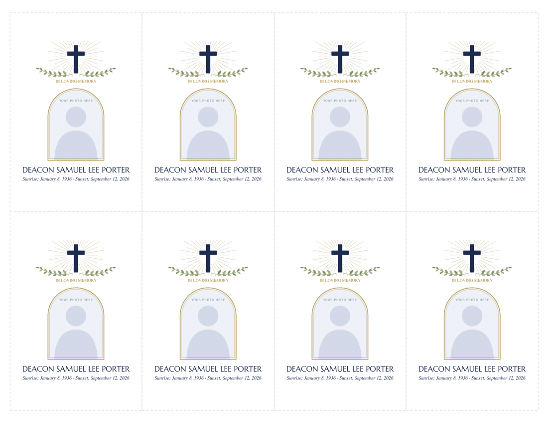 Sheet of eight funeral prayer card fronts with cut lines, each with a navy cross with gold rays, a small photo frame, a name and dates
