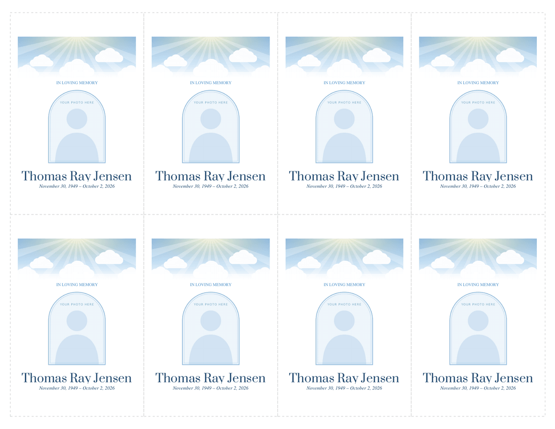 Sheet of eight funeral prayer card fronts with cut lines, each with a blue sky with sun rays and clouds, a small photo frame, a name and dates
