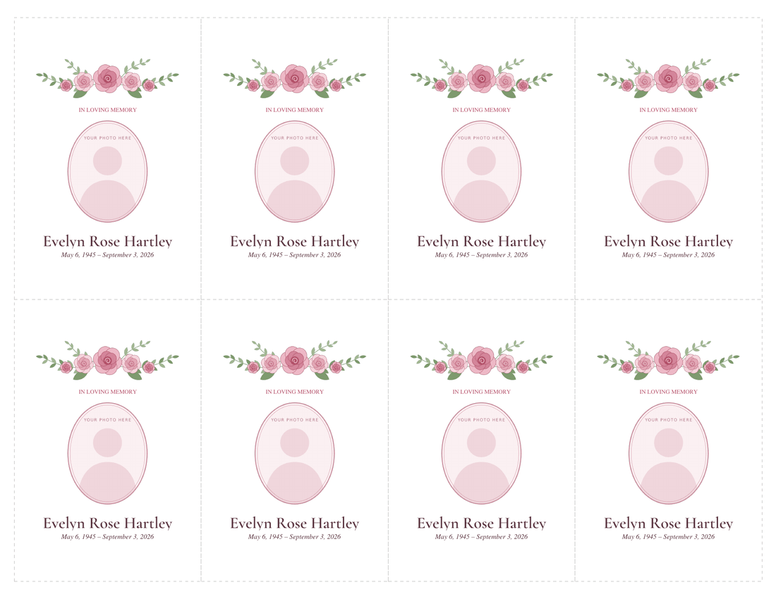 Sheet of eight funeral prayer card fronts with cut lines, each with a spray of pink roses, a small photo frame, a name and dates