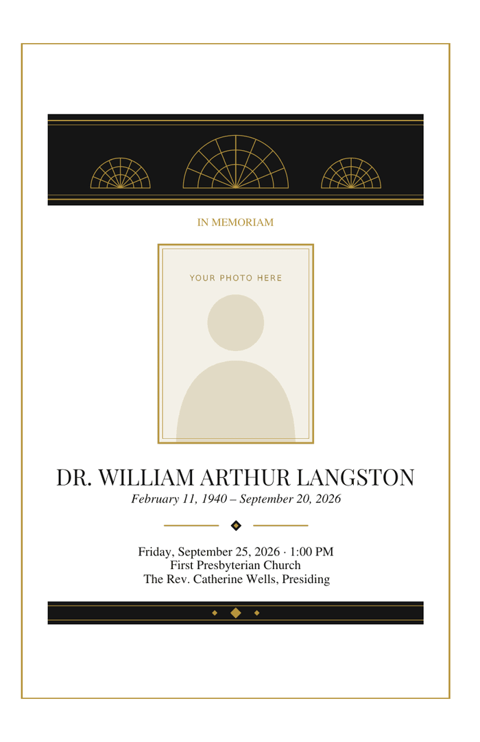 Bifold funeral program cover with a black band with three gold art-deco fans, a gold-edged photo frame, and a matching black band at the foot