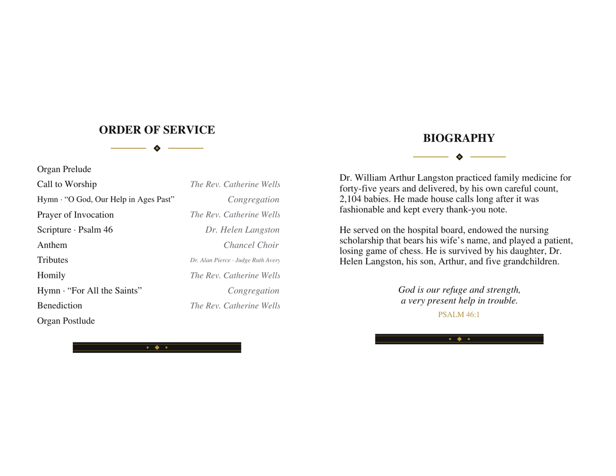 Sample funeral program inside for Dr. William Arthur Langston: an eleven-line Presbyterian order with organ prelude, anthem and two named tributes, and a biography, followed by Psalm 46:1
