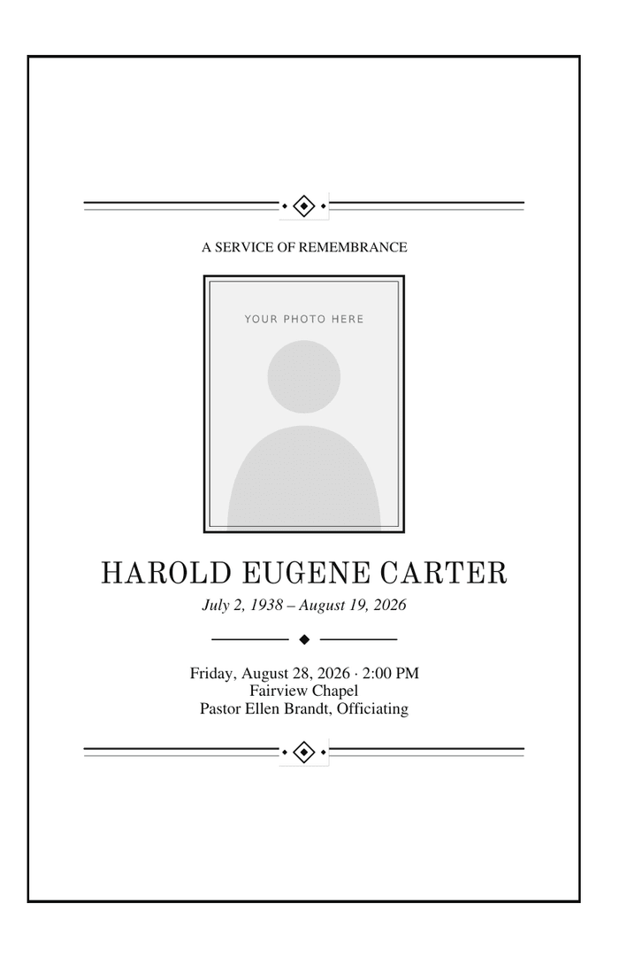 Eight-page funeral program booklet cover with double rule lines with a diamond ornament above and below a square-cornered photo frame and the name in capitals, all in black ink