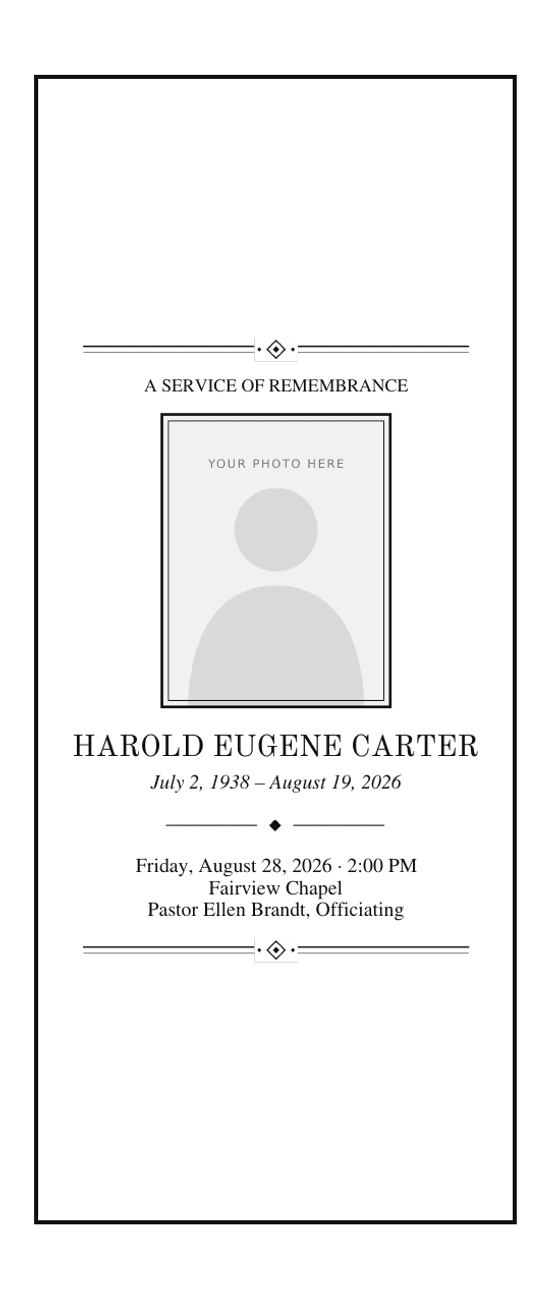 Trifold funeral program front panel with double rule lines with a diamond ornament above and below a square-cornered photo frame and the name in capitals, all in black ink