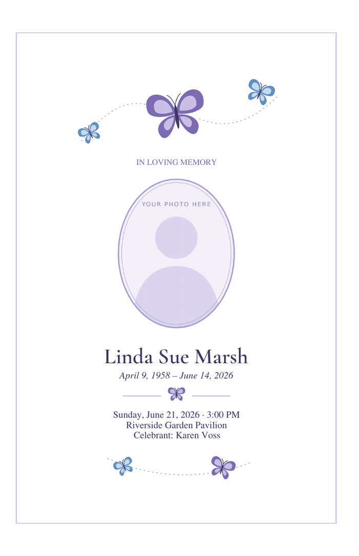 Bifold funeral program cover with a purple butterfly and two small blue ones on dotted flight lines above an oval photo frame