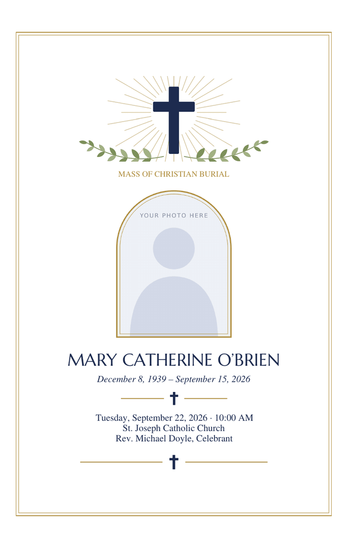 Bifold funeral program cover with a navy cross with gold rays over olive branches, an arched photo frame, and the heading Mass of Christian Burial