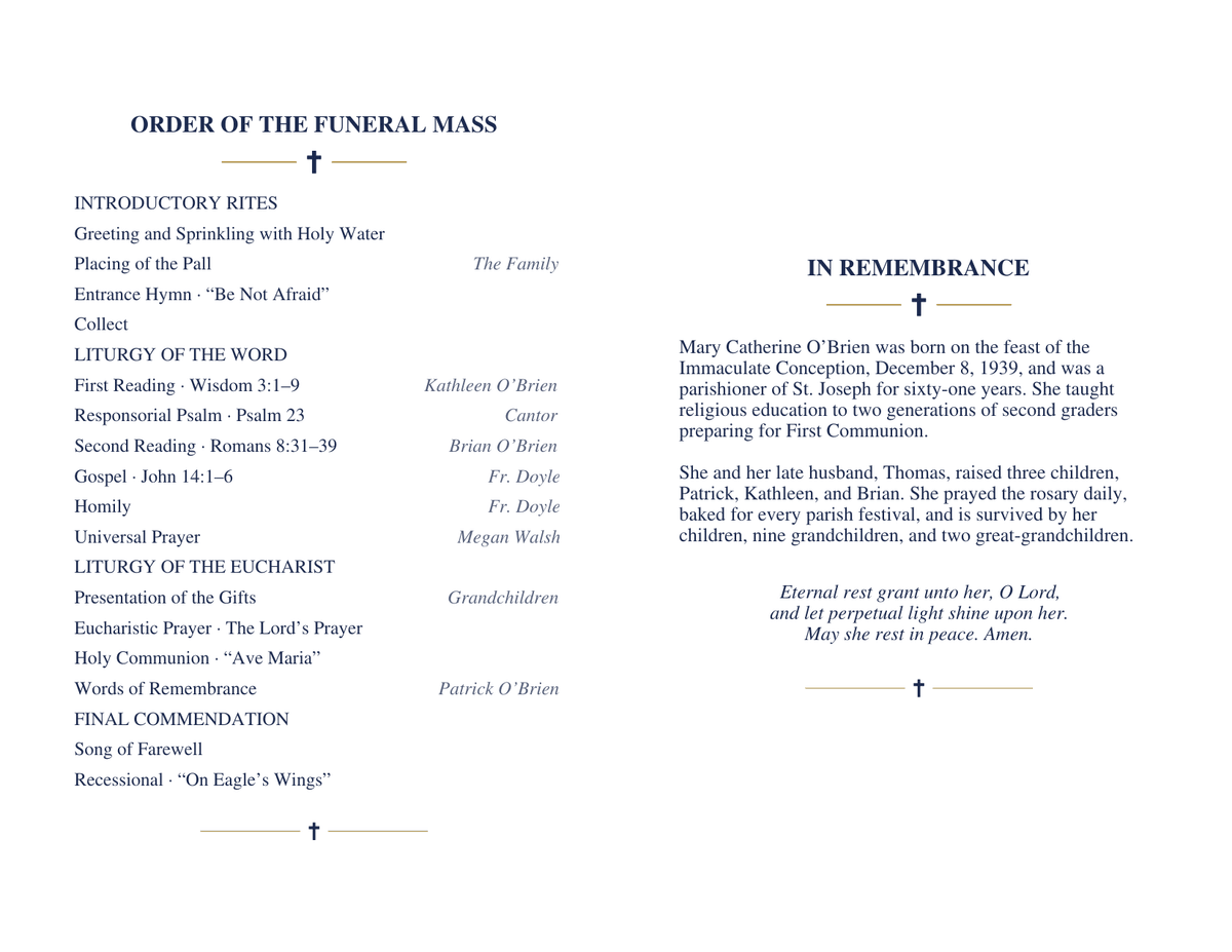 Inside of a Catholic funeral Mass program: the left panel lists Introductory Rites, Liturgy of the Word, Liturgy of the Eucharist and Final Commendation with readings and readers, and the right panel has a remembrance and the Eternal Rest prayer