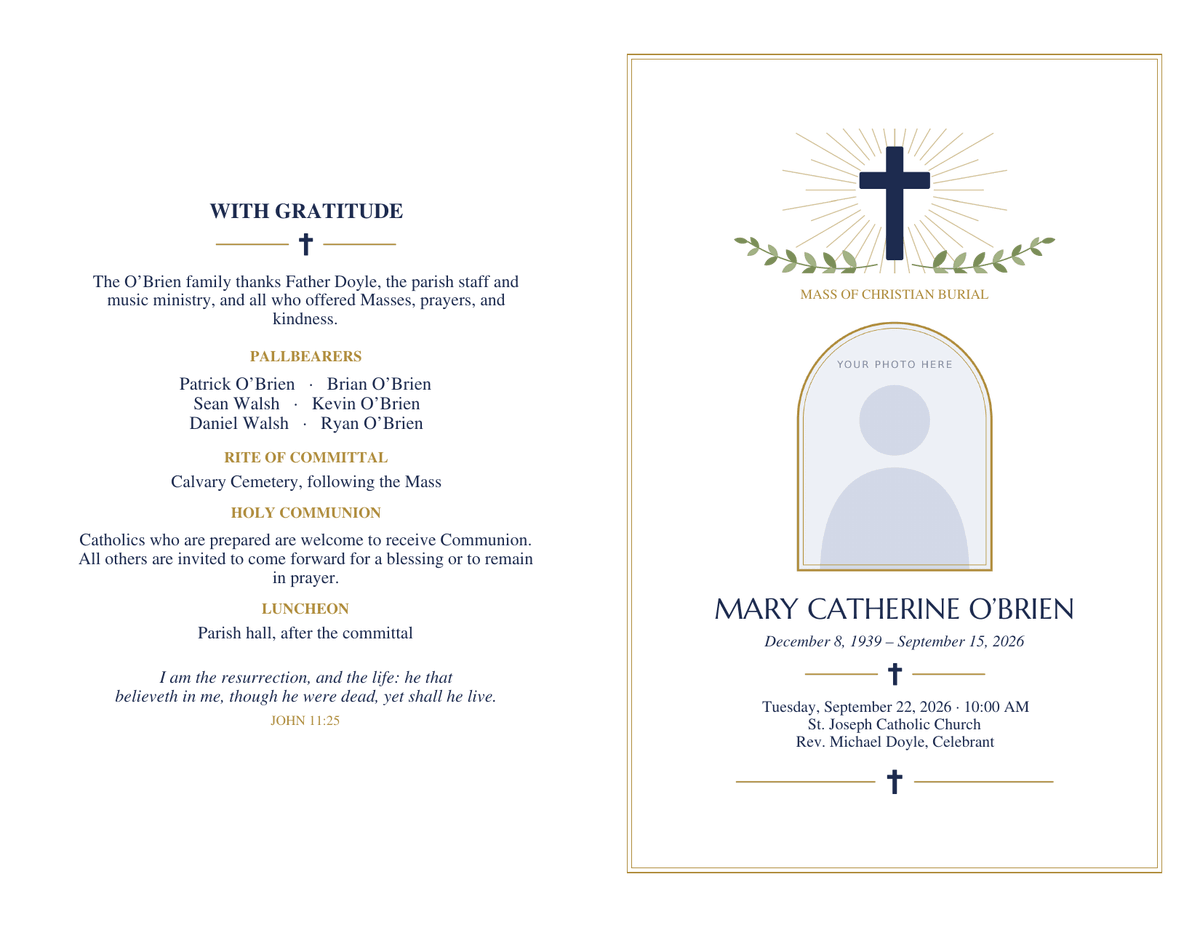 Outside of a Catholic funeral Mass program: back panel with thanks, pallbearers, Rite of Committal and a Holy Communion note, and a cover with a navy cross, olive branches and an arched photo frame