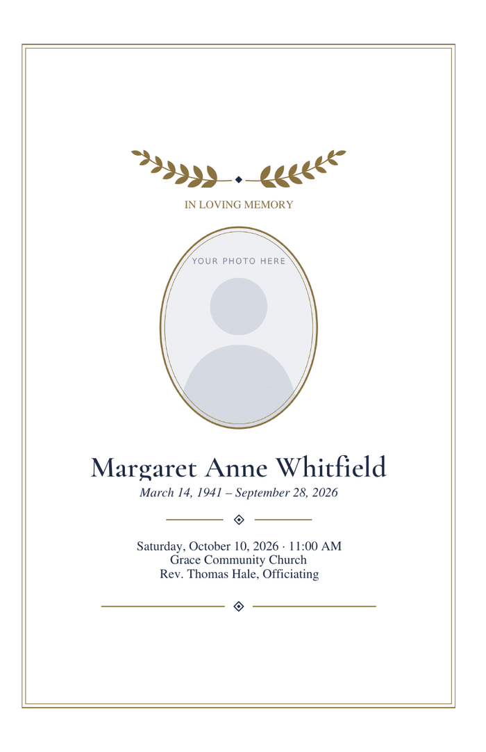 Bifold funeral program cover with a gold laurel sprig above an oval photo frame, the name in a serif face, and a thin double gold border