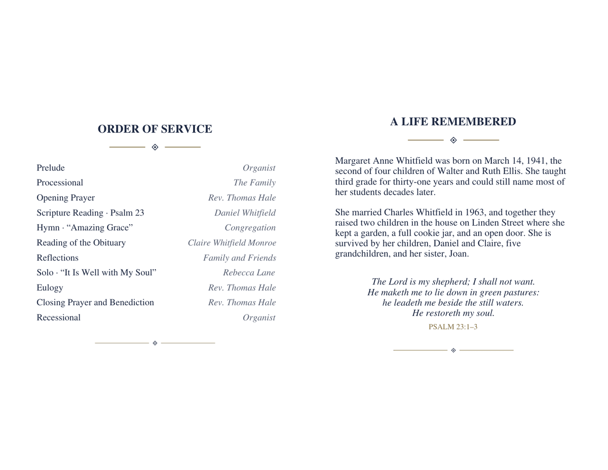 Open bifold funeral program: an eleven-line order of service with names at right on the left panel, and a two-paragraph life story with Psalm 23 on the right panel
