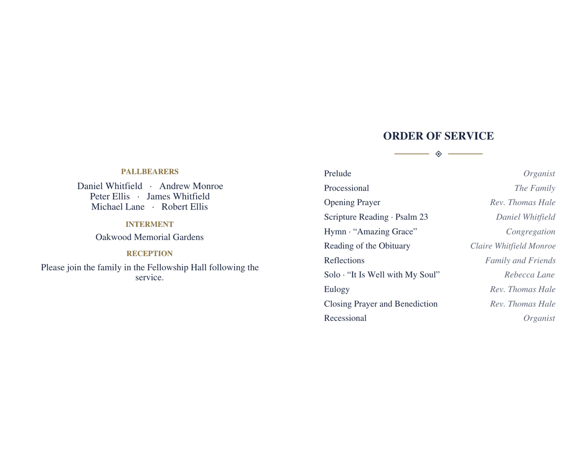 Funeral booklet sheet printed flat with pallbearers, interment and reception details, page six, on the left half and the order of service, page three, on the right half