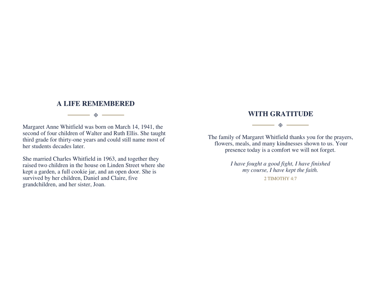 Funeral booklet sheet printed flat with the life story, page two, on the left half and the family thank-you with a closing verse, page seven, on the right half
