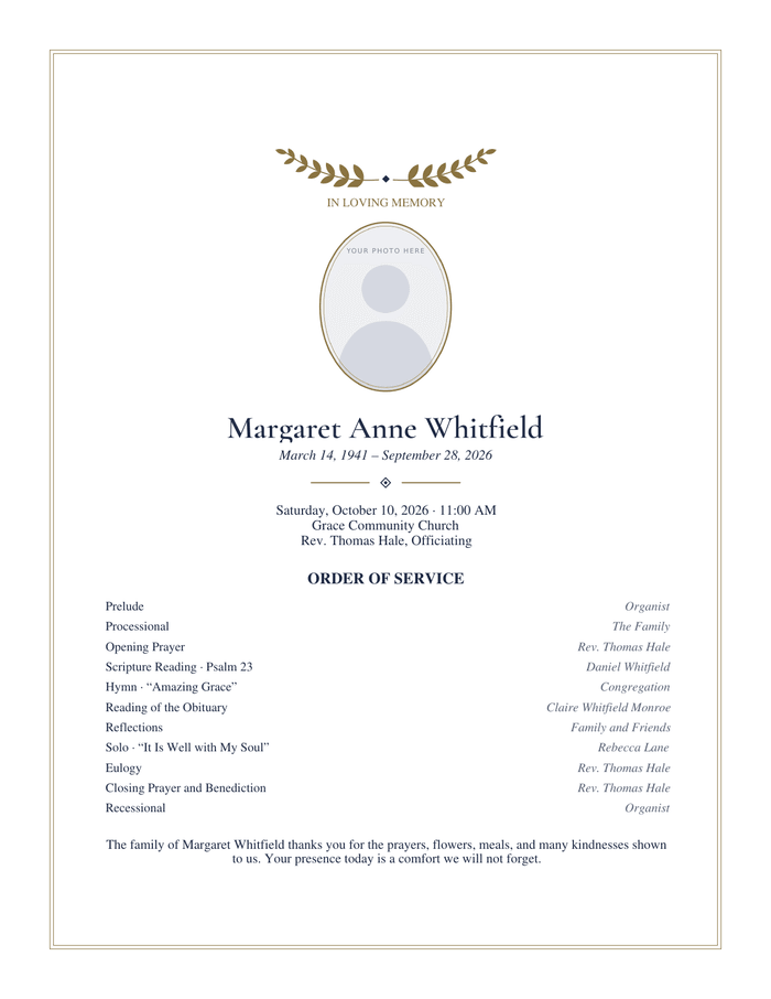 One-page funeral program with a gold laurel sprig above an oval photo frame, the name in a serif face, and a thin double gold border