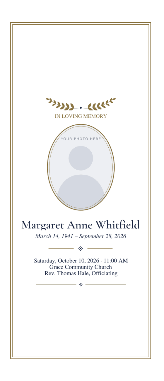 Trifold funeral program front panel with a gold laurel sprig above an oval photo frame, the name in a serif face, and a thin double gold border