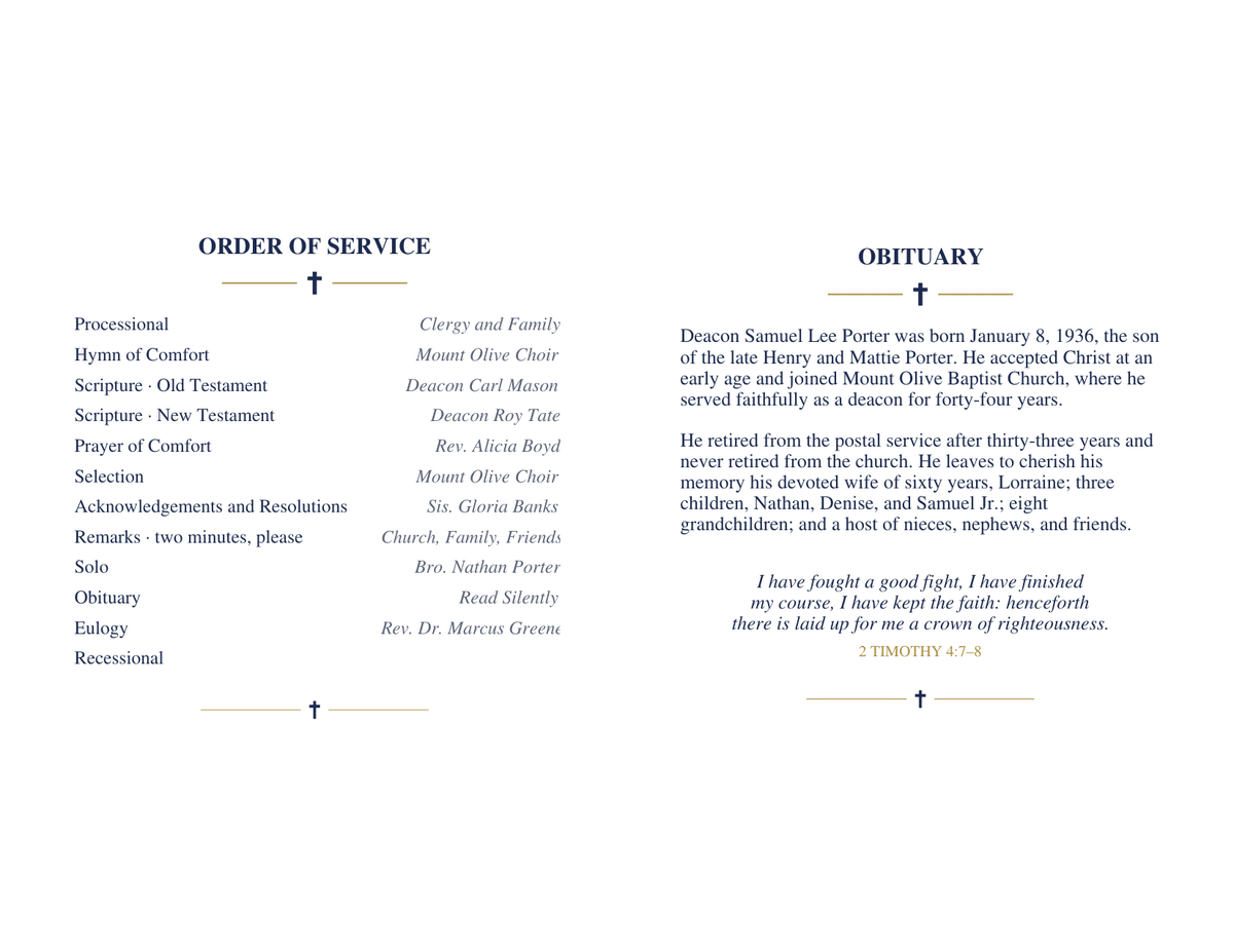 Inside of a homegoing funeral program: a twelve-line order from processional through scripture, prayer of comfort, acknowledgements and resolutions, remarks, solo, obituary, eulogy and recessional, beside an obituary and 2 Timothy 4:7–8