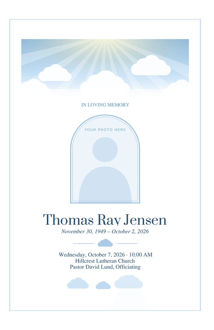 Bifold funeral program cover with a blue sky band with sun rays and white clouds across the top and an arched photo frame