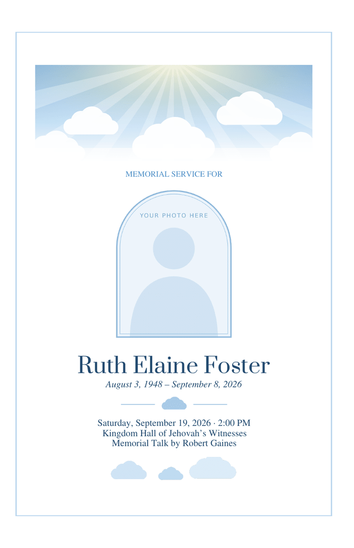 Bifold funeral program cover with a blue sky with sun rays and clouds above an arched photo frame under the heading Memorial Service for